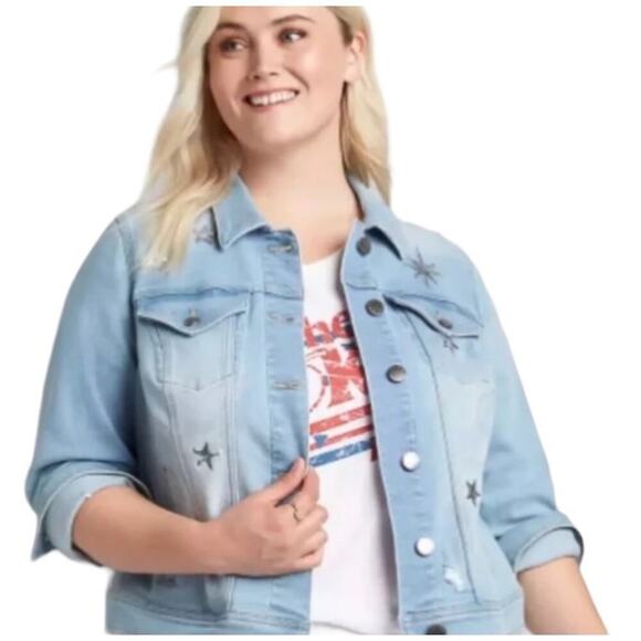 Lane Bryant Sequin Embroidered Star Detail Distressed Light Denim Jacket Size 16 - Picture 1 of 12